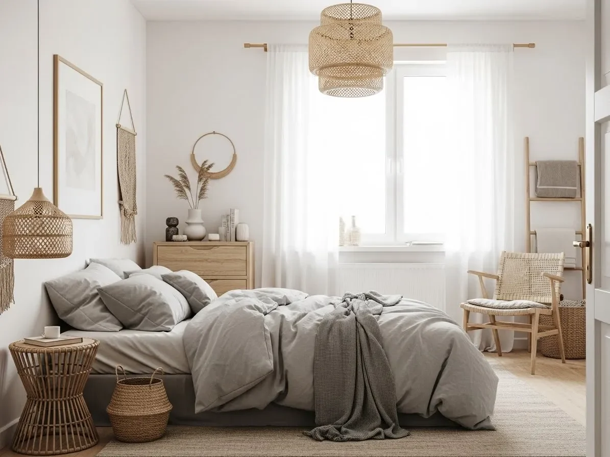 Japandi bedroom decorated with a soft neutral color palette and simple design.