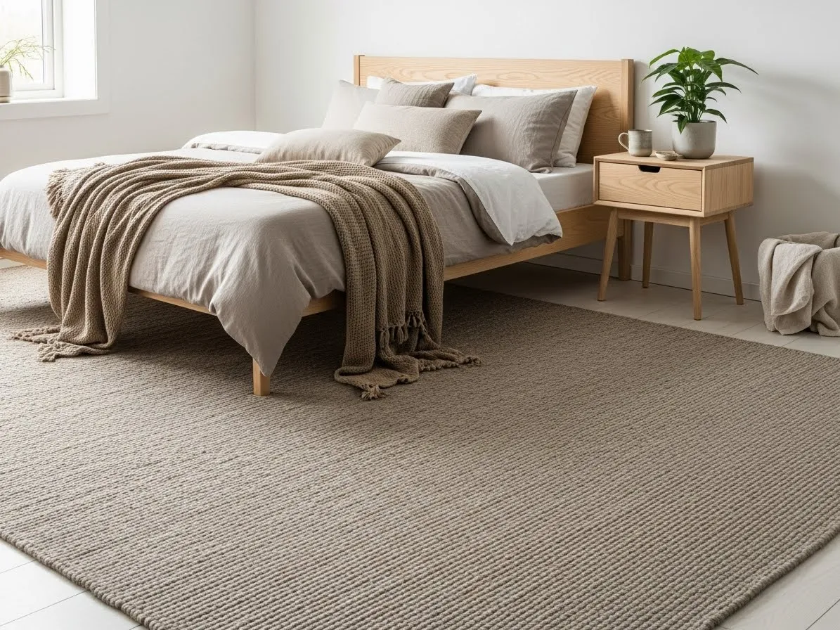 Large neutral rug adds warmth and texture in a Scandinavian bedroom.