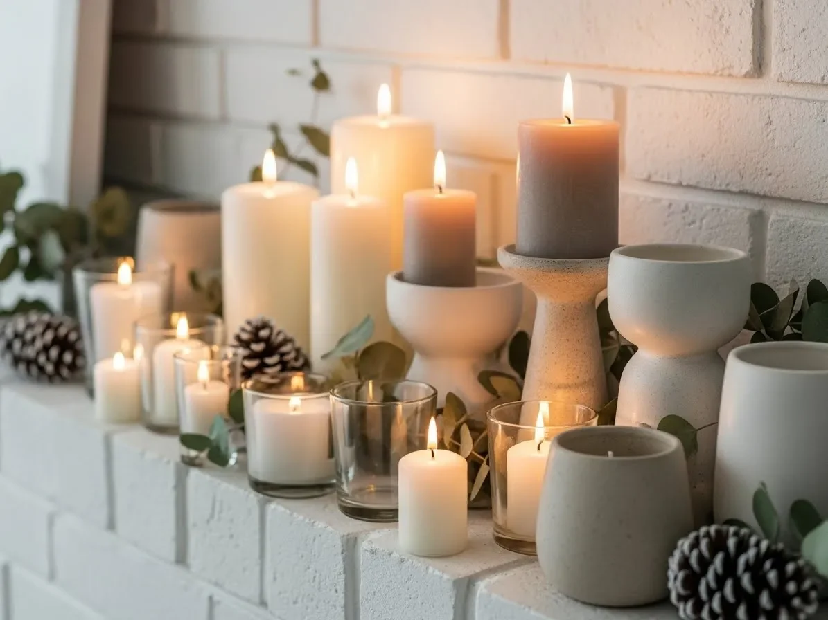 “A winter mantel decorated with neutral candles in varying heights for cozy winter mantel decorating ideas.”