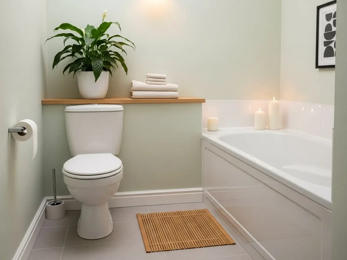 Bathroom with plants, bamboo mat, and soft towels showing spa-style new home decorating ideas.”