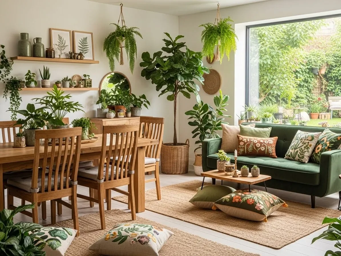 “Nature-inspired room with plants and wood accents showing biophilic new home decorating ideas.”