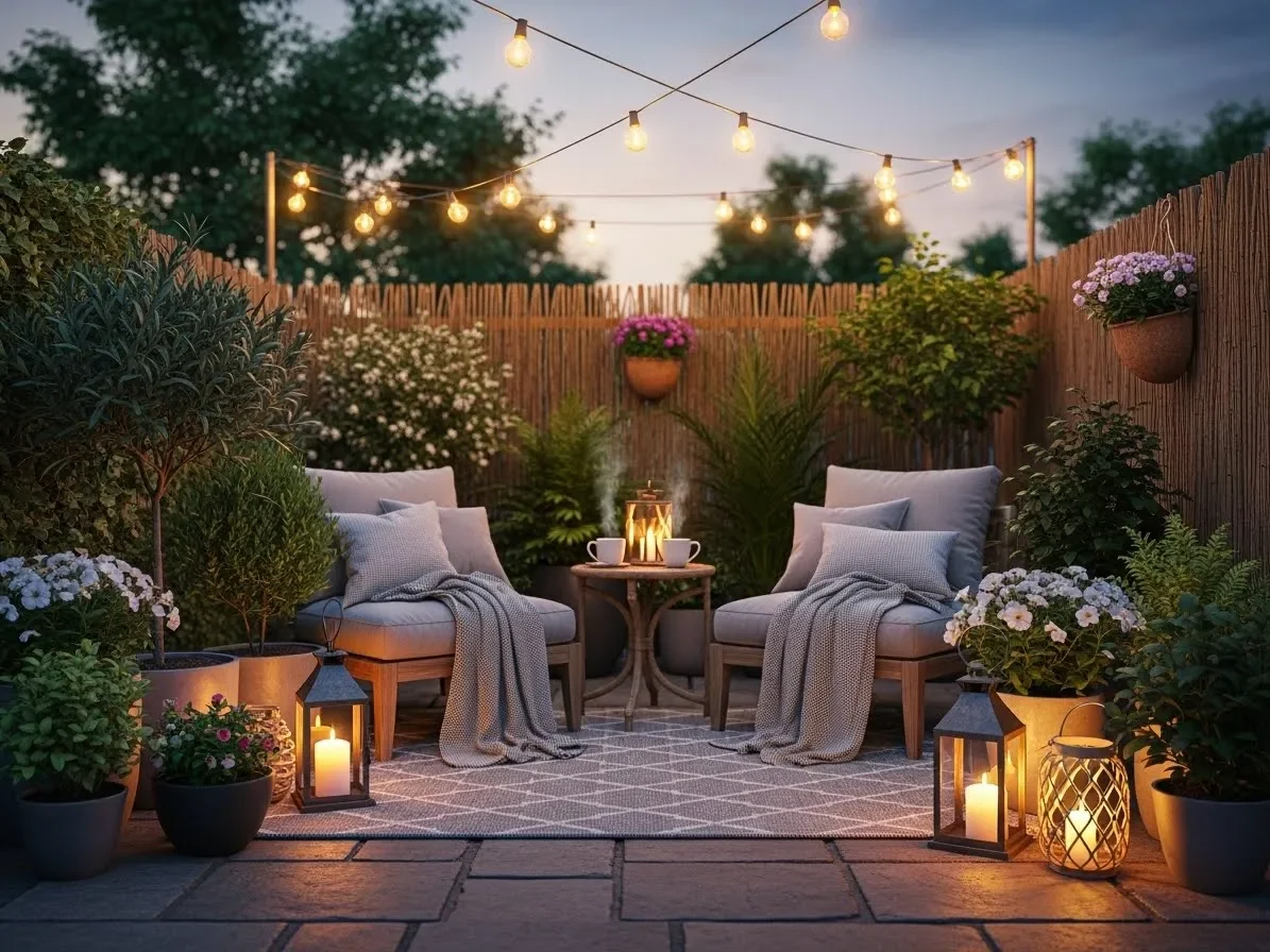 “Cozy outdoor patio with plants, lanterns, and string lights as new home decorating ideas.”