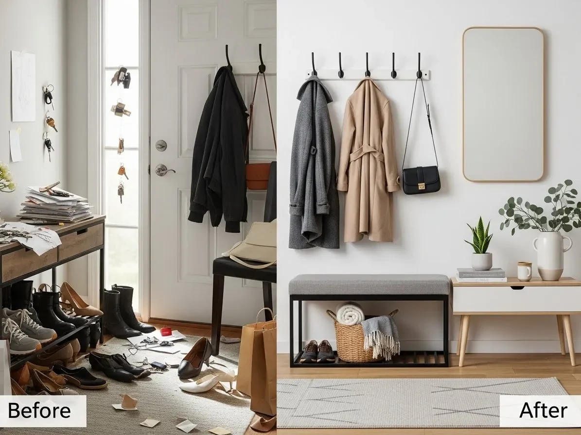 “Before and after entryway showing decluttering as a key new home decorating idea.”