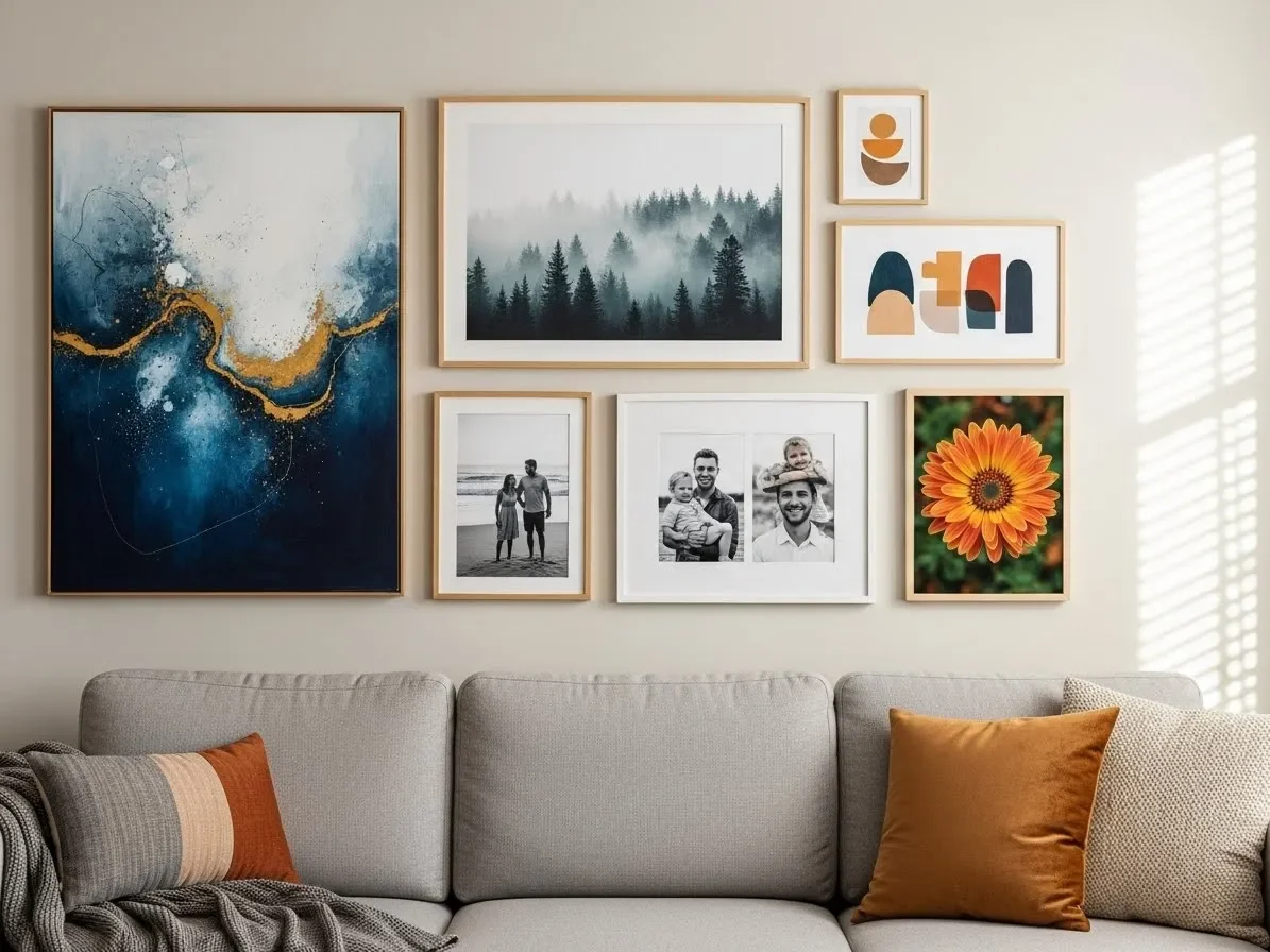 “Gallery wall with framed art and photos as part of new home decorating ideas for a living room.”