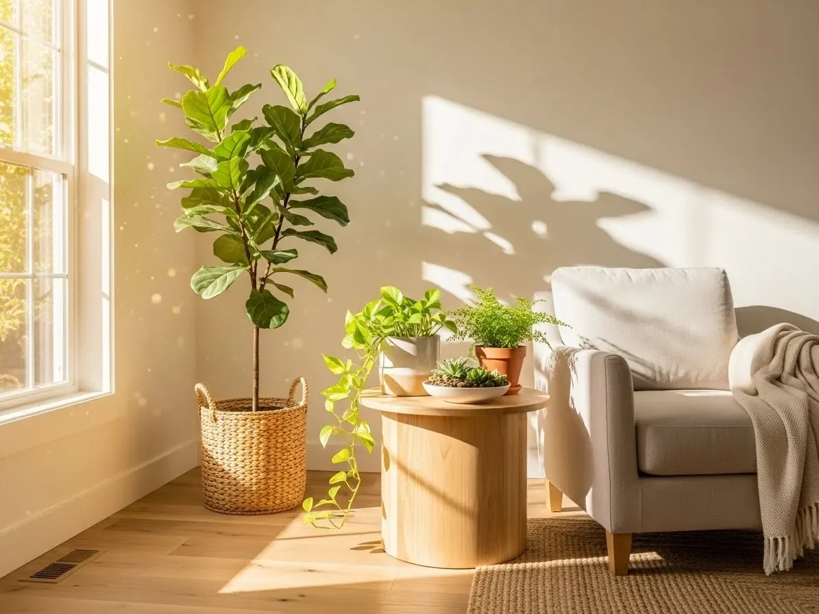“Living room corner using plants and natural wood furniture as part of new home decorating ideas.”