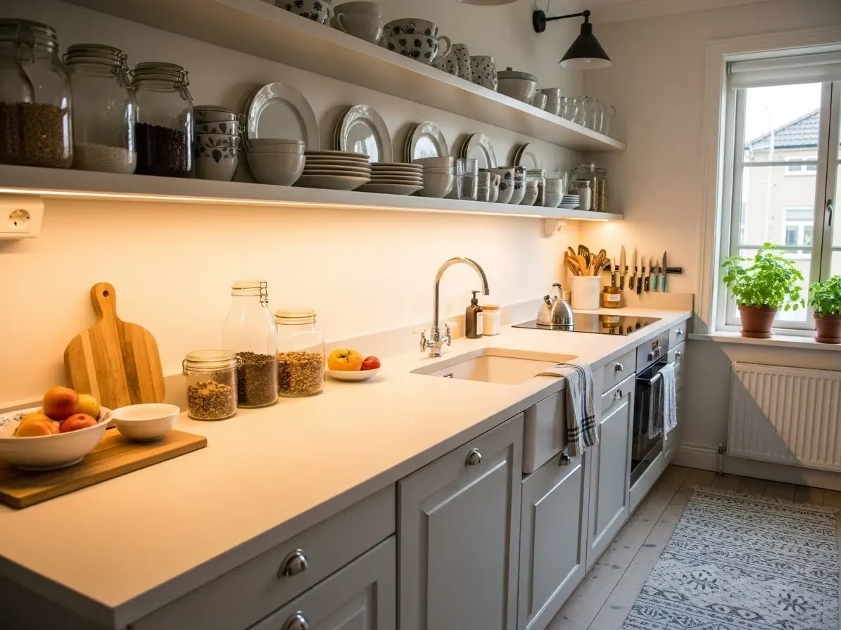 “Bright kitchen with open shelves and herb plants showing new home decorating ideas.”