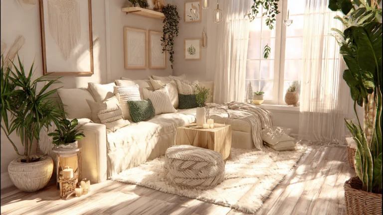 “Modern cozy living room showing new home decorating ideas with plants, textures, and warm lighting.”