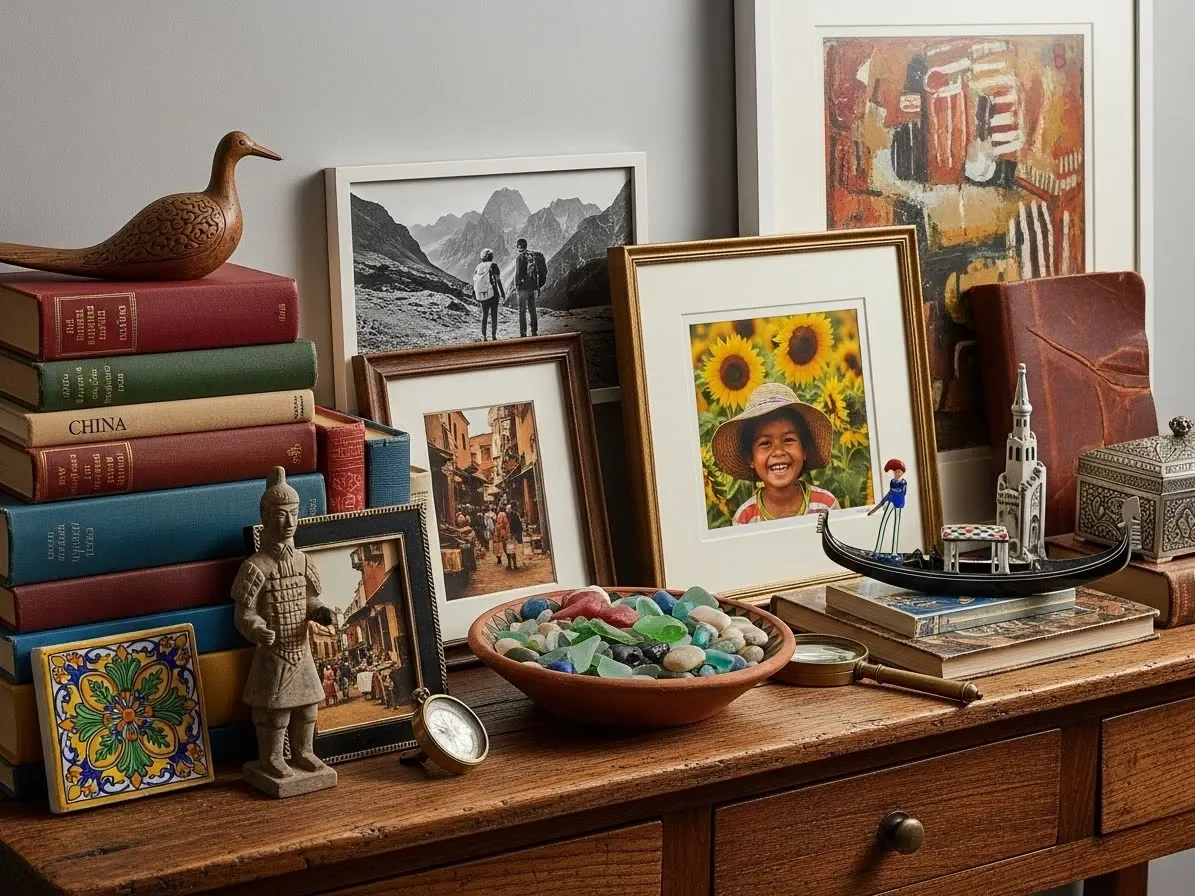 “Console table with personal decor and travel souvenirs as part of new home decorating ideas.”