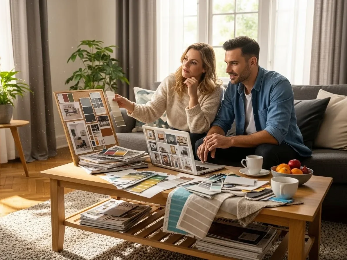 “Couple planning new home decorating ideas using a mood board and color samples in their living room.”