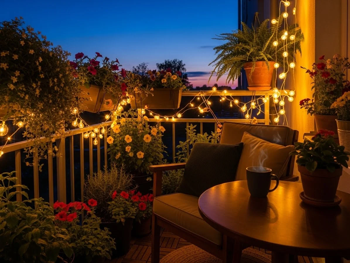 “Small balcony styled like a secret garden with plants and string lights as new home decorating ideas.”