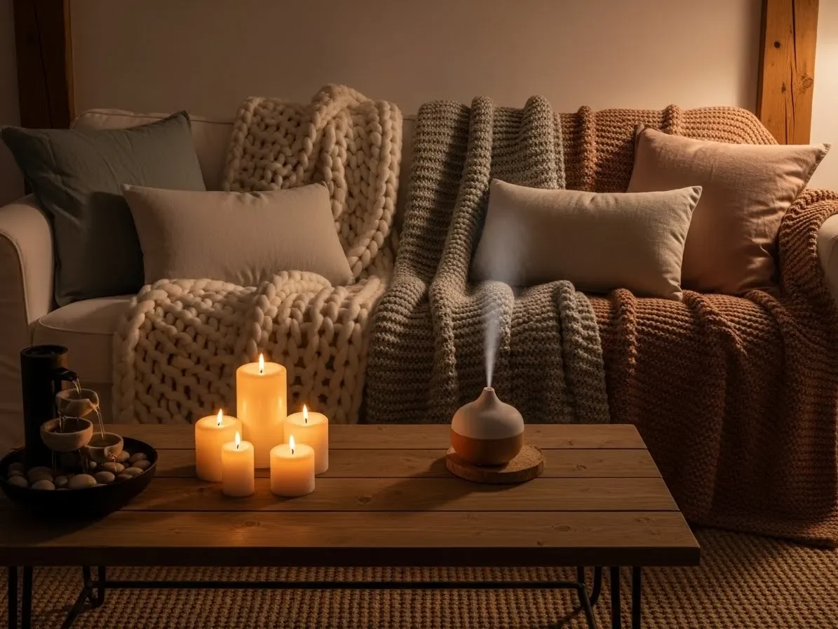 “Relaxing sensory living room with soft lighting, candles, and cozy blankets showing new home decorating ideas.”