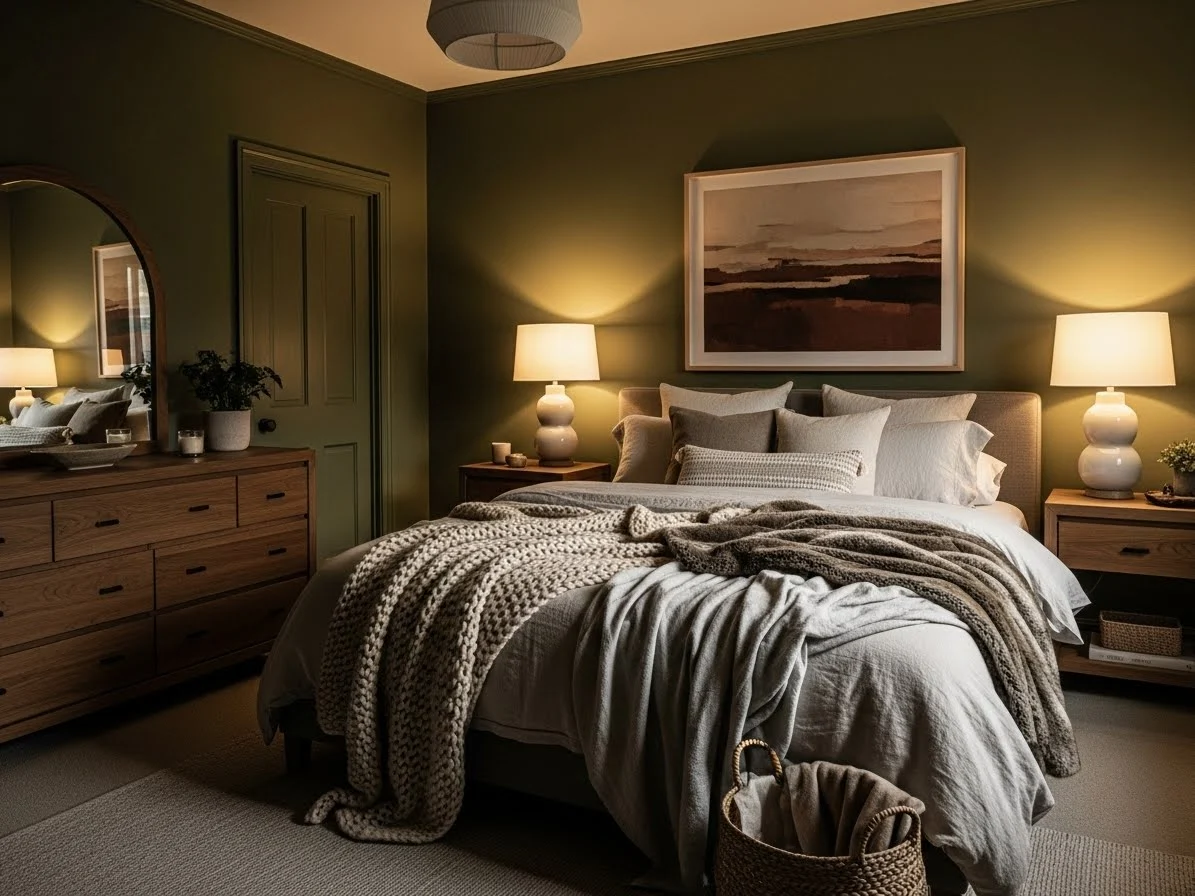 Olive green bedroom with wood accents and neutral textiles for a warm and earthy look.