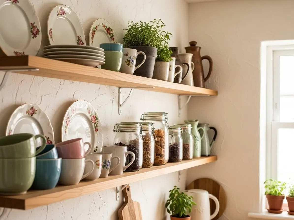 Cottage kitchen with open wooden shelves displaying vintage dishes and decor.