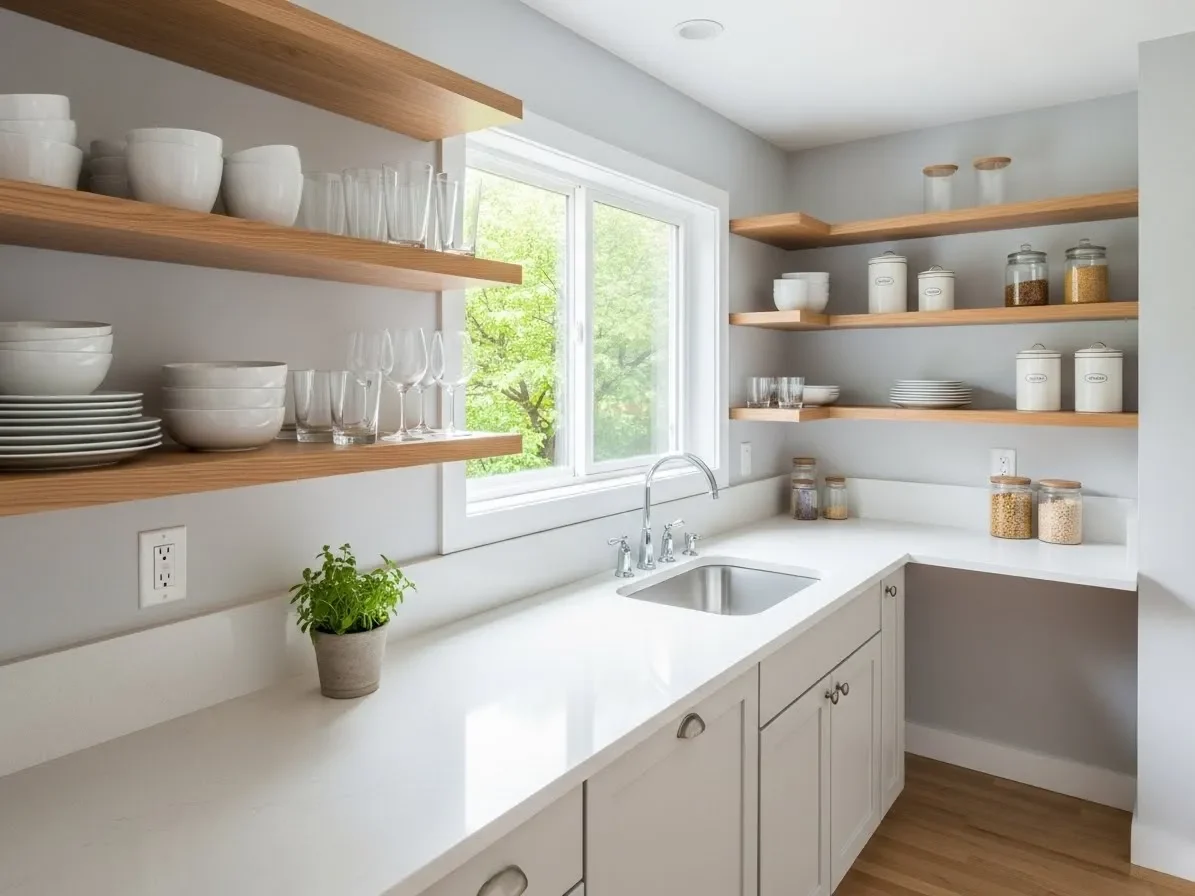 “Open shelving in a small kitchen for an airy and uncluttered look.”