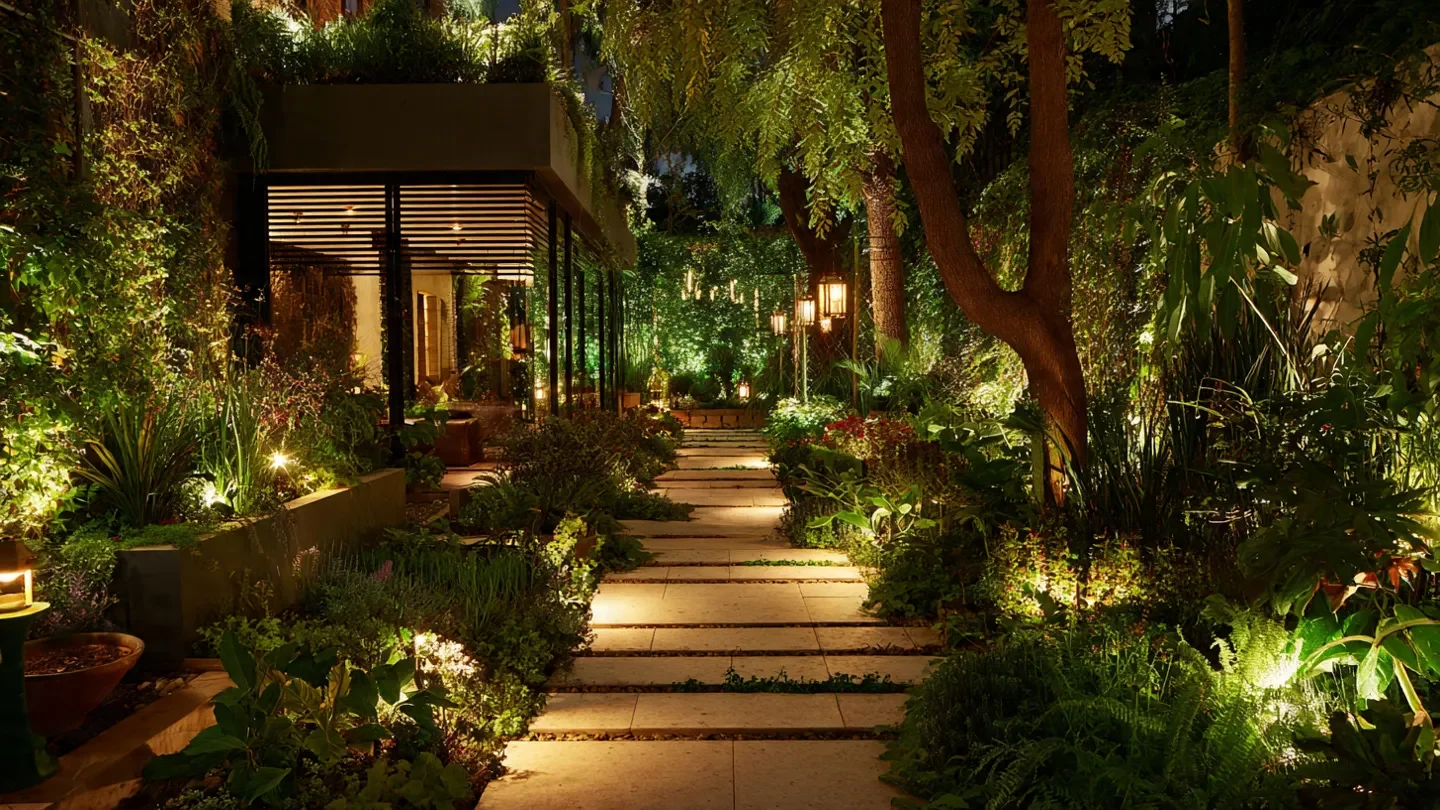 eautifully lit garden pathway at night with warm outdoor lighting, lanterns, and tree uplighting.