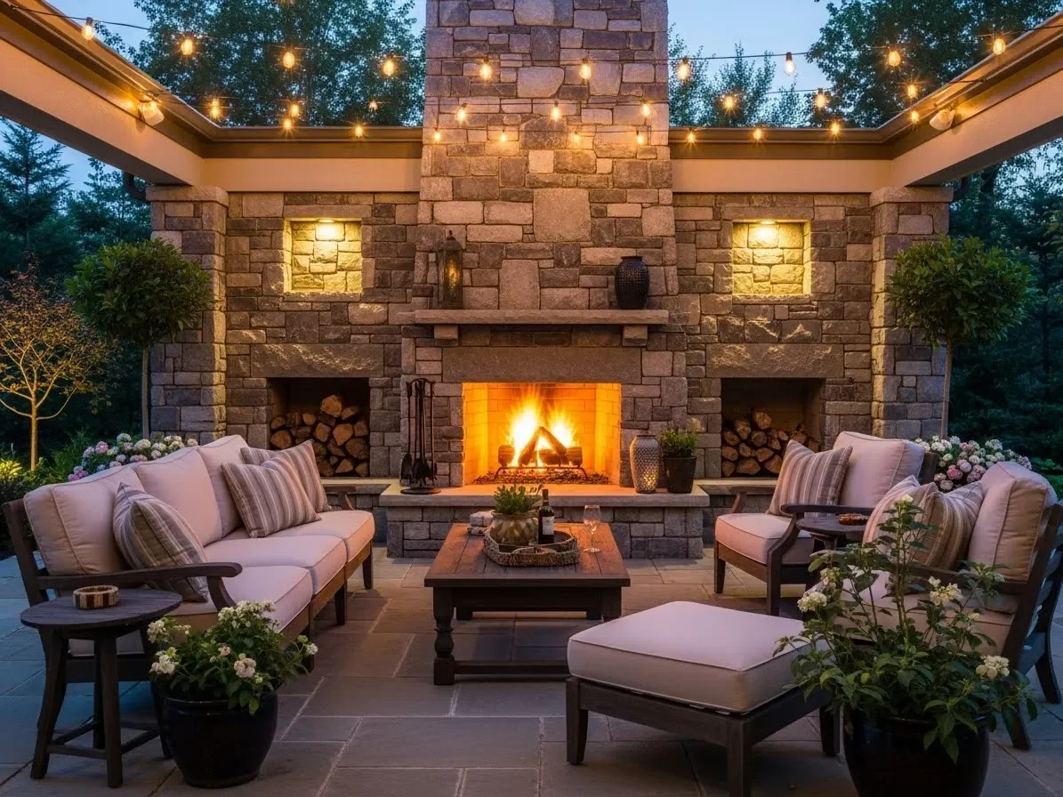 Beautiful outdoor patio with large stone fireplace, glowing fire, comfortable seating, and warm evening lighting.
