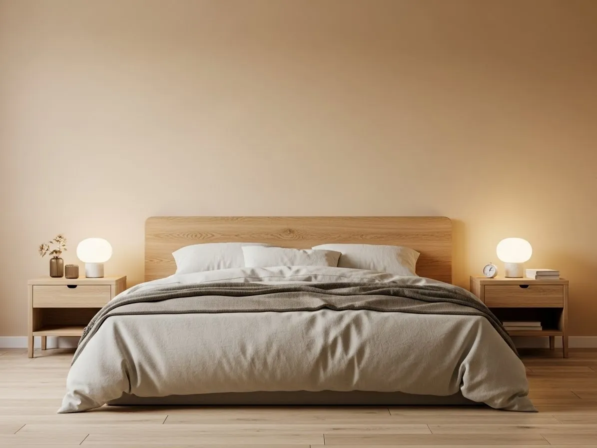 Bed without a headboard against a warm beige accent wall with neutral bedding and soft lighting in a minimalist bedroom.