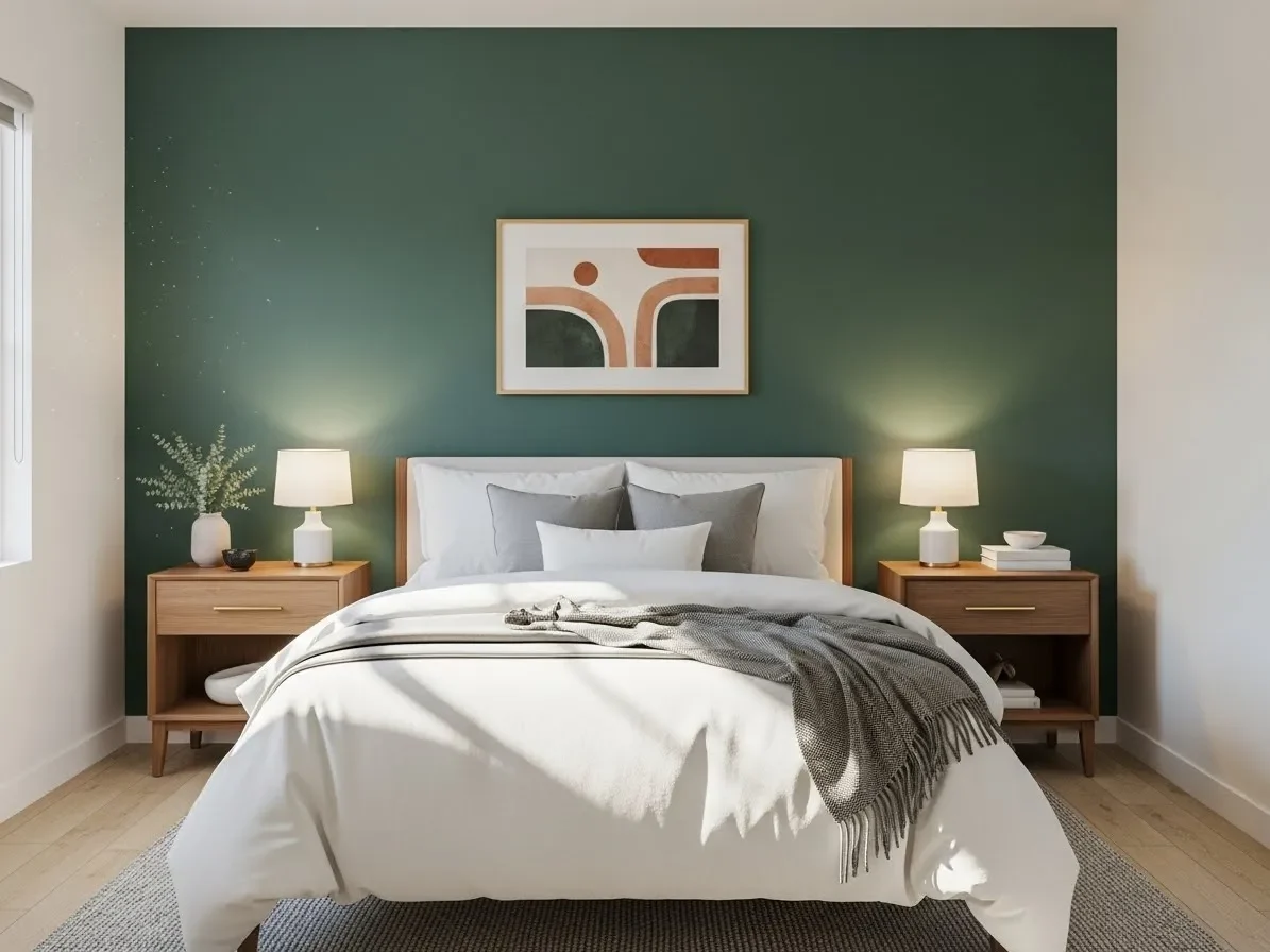 Painted accent wall idea in a modern bedroom featuring a bold color focal point.”