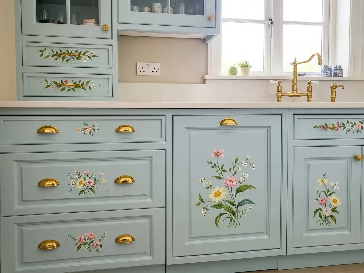  Pastel blue cottage-style kitchen cabinets with brass knobs.