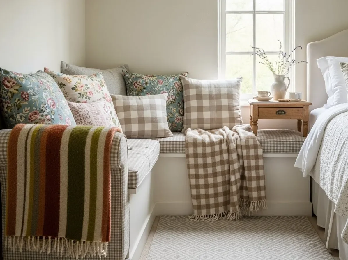 Cottage nook with mixed floral and gingham patterns in cozy cottage home decor textiles.