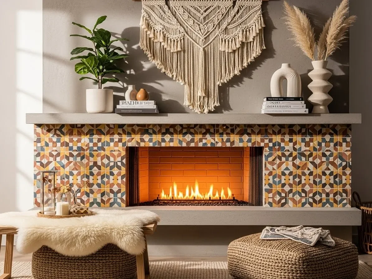 Artistic modern fireplace with patterned tile surround, warm ambient lighting, boho decor, and geometric tile accents