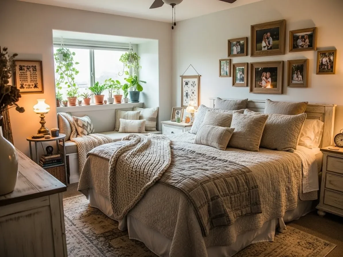 Farmhouse bedroom decorated with personal touches like family photos, plants, and cozy accents.