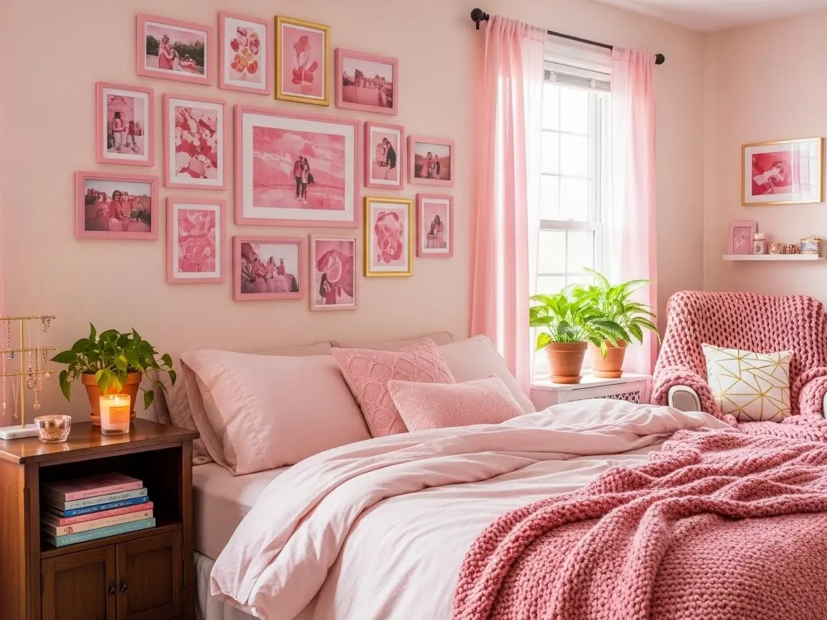 Pink bedroom with personal photos, plants, and cozy décor touches.