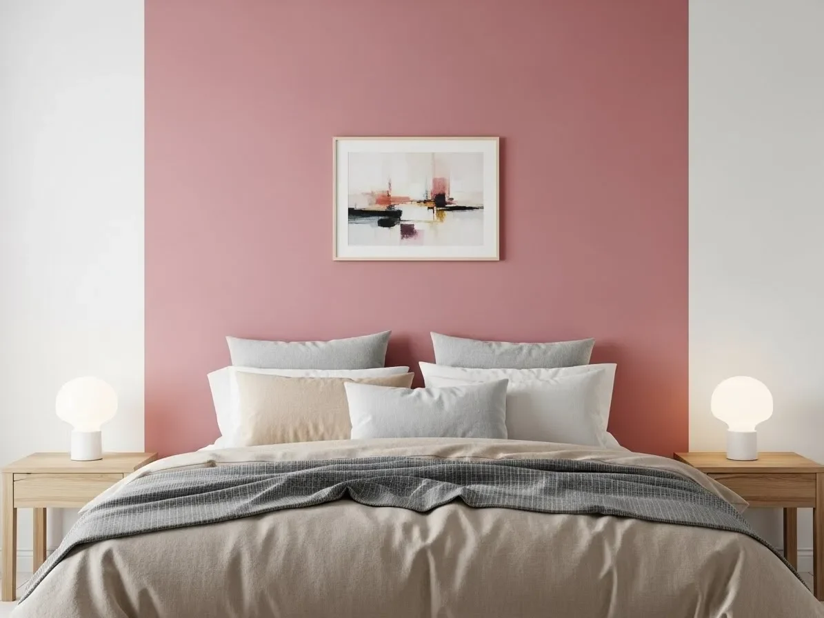 Bedroom with a dusty pink accent wall and neutral décor.