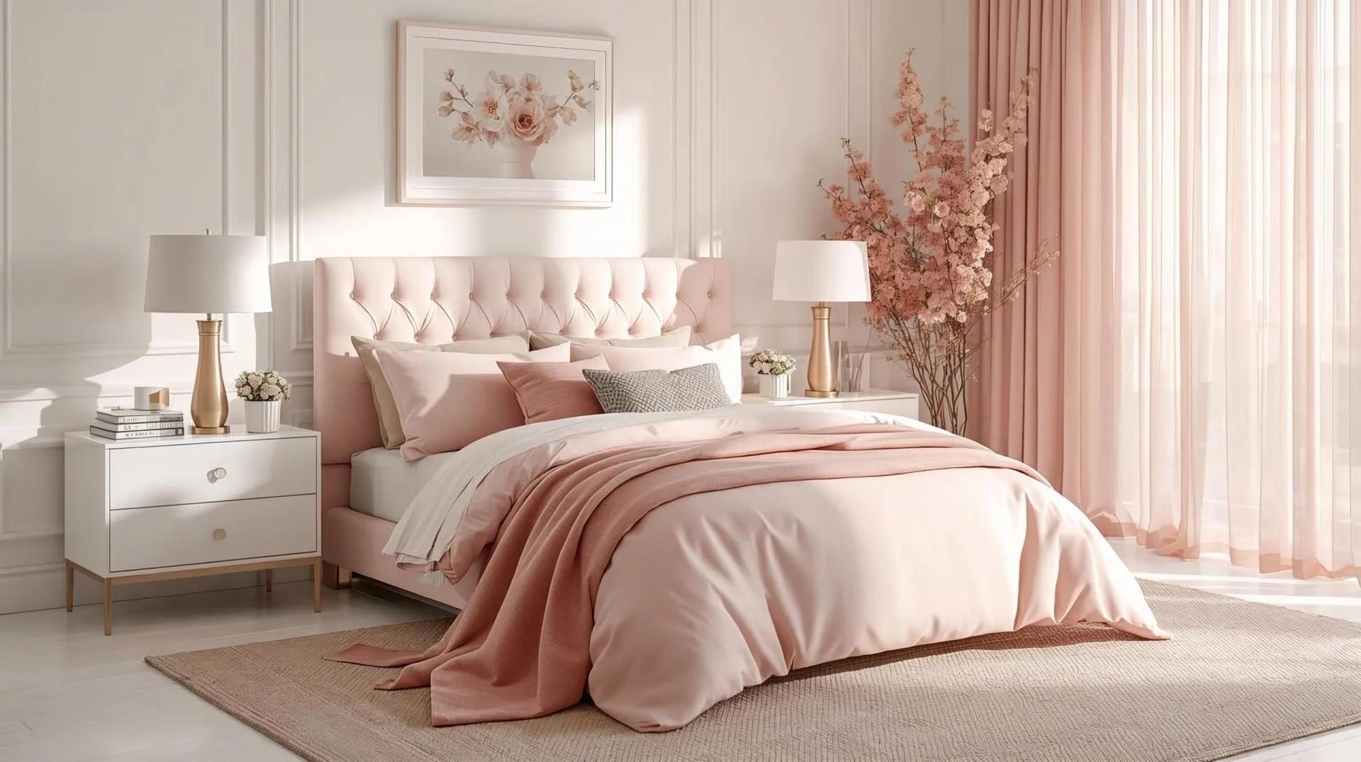 Beautiful blush pink bedroom with layered pink bedding, tufted headboard, gold accents, and soft natural lighting.