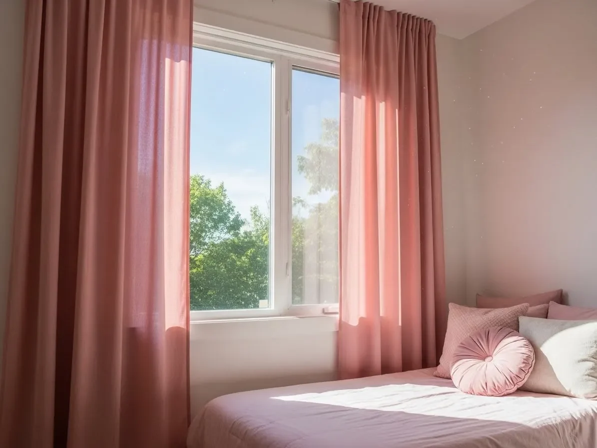 Pink bedroom with blush curtains and natural light creating a dreamy glow.