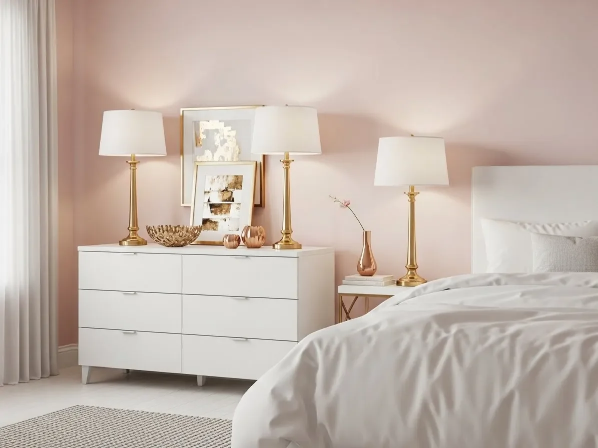 Chic pink bedroom with white furniture and metallic gold accents.