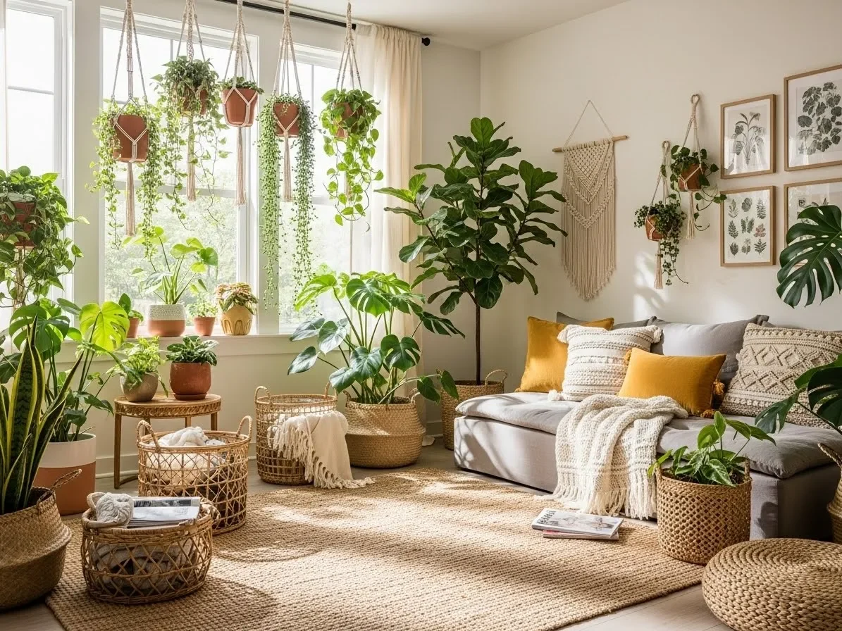 “Plant-filled boho living room with hanging greenery and woven natural textures.”
