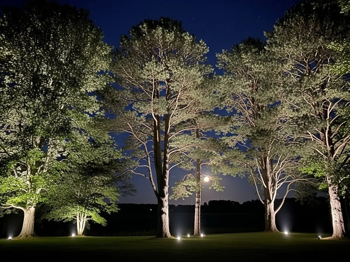 Tree uplighting creating dramatic nighttime garden effects.