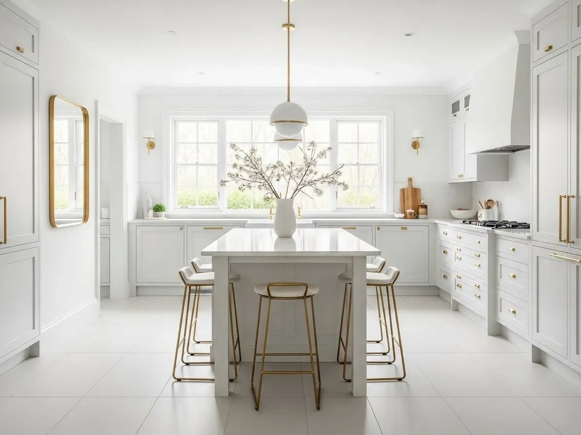 Bright white kitchen featuring large matte porcelain tiles, gold accents, and clean minimalist décor.