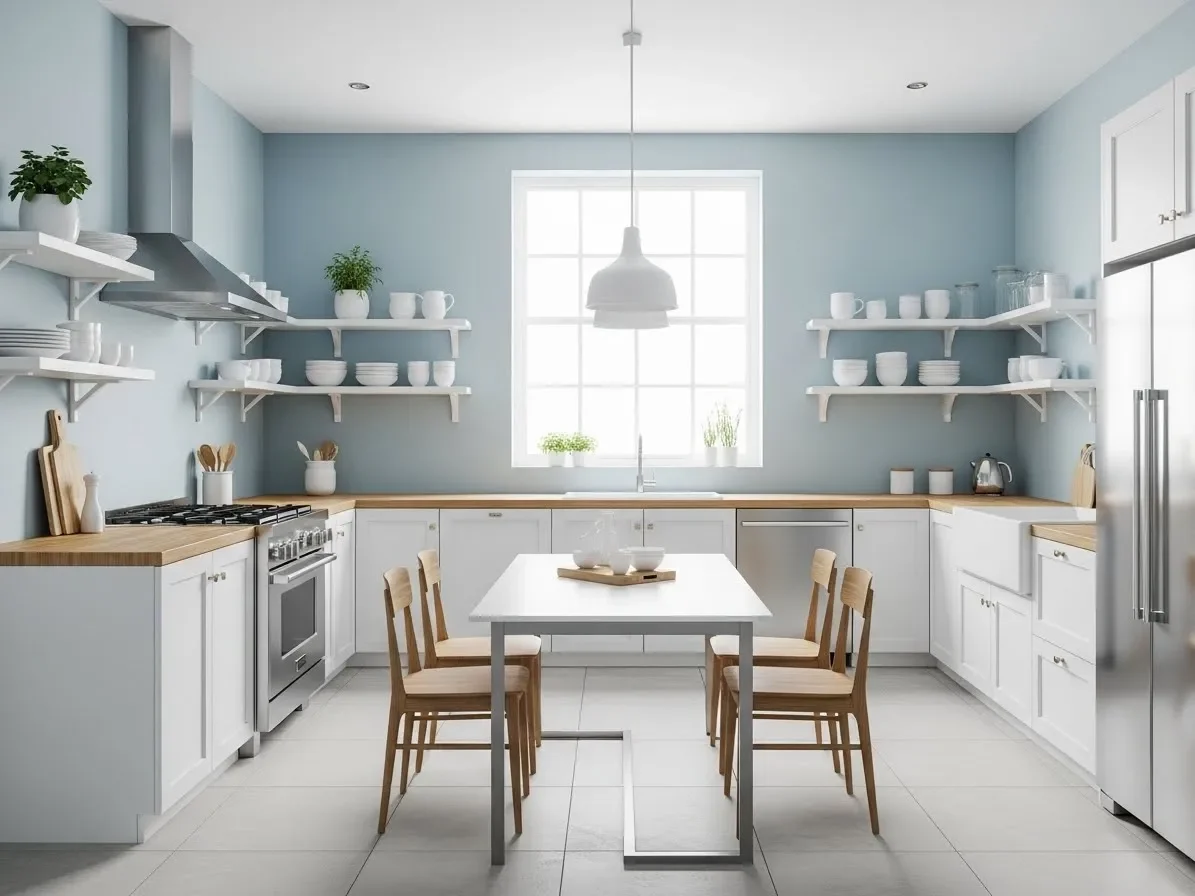  Powder blue walls in a bright minimal kitchen with white shelves.