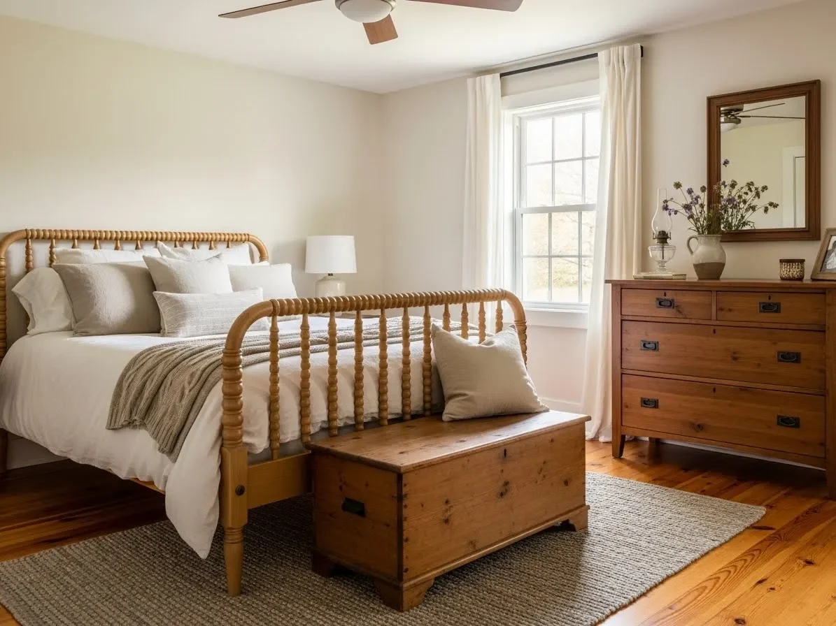 Farmhouse bedroom featuring practical rustic furniture like a spindle bed and wooden dresser.