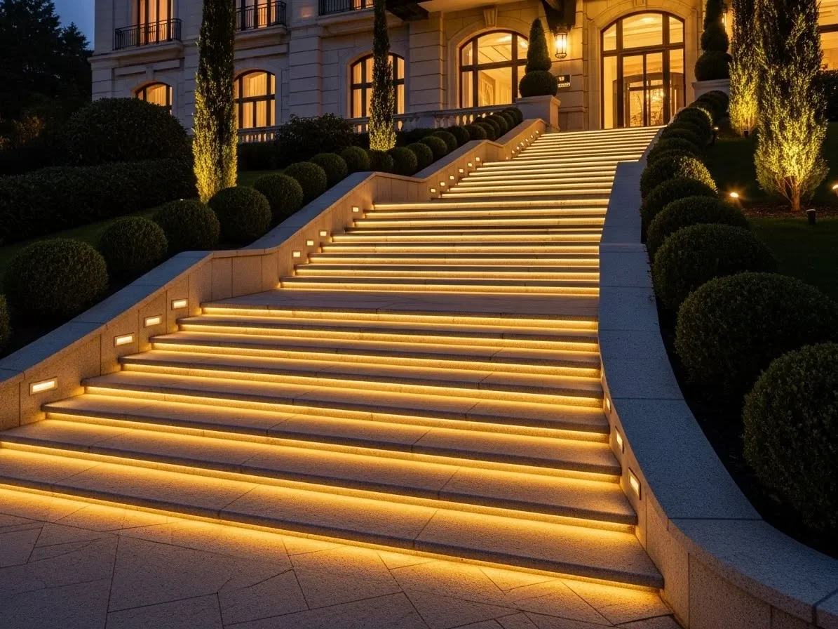 Recessed step lights illuminating outdoor stairs with warm lighting.
