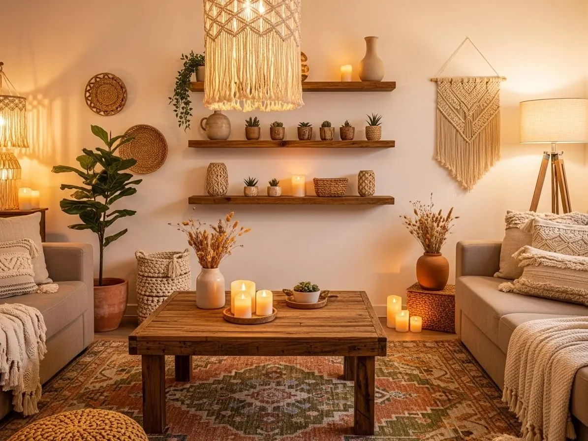 “Boho living room with reclaimed wood décor and rustic textures.”