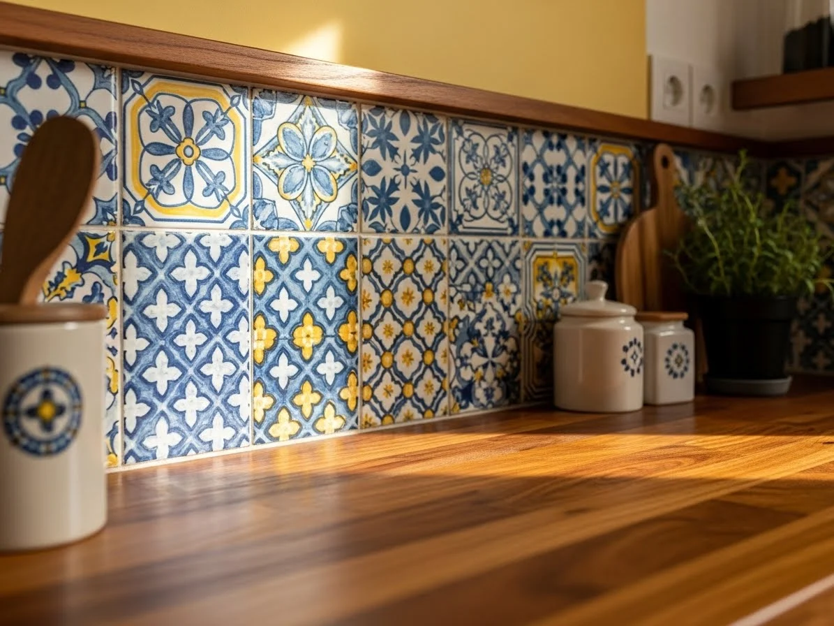 Colorful retro kitchen backsplash featuring blue, yellow, and white artisan patterned tiles with warm daylight.
