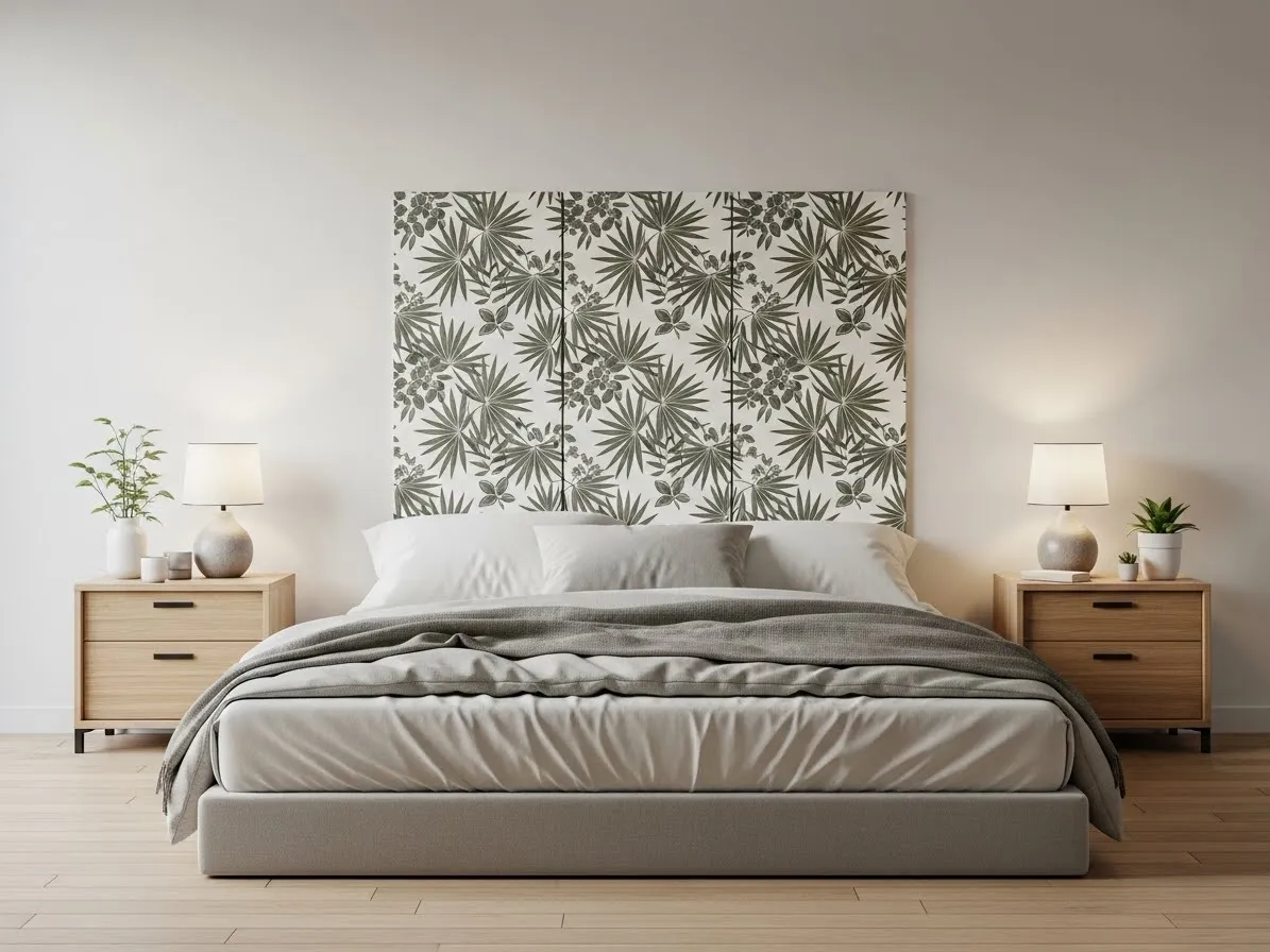 Decorative room divider used as a headboard alternative behind a bed without a headboard in a minimalist bedroom.