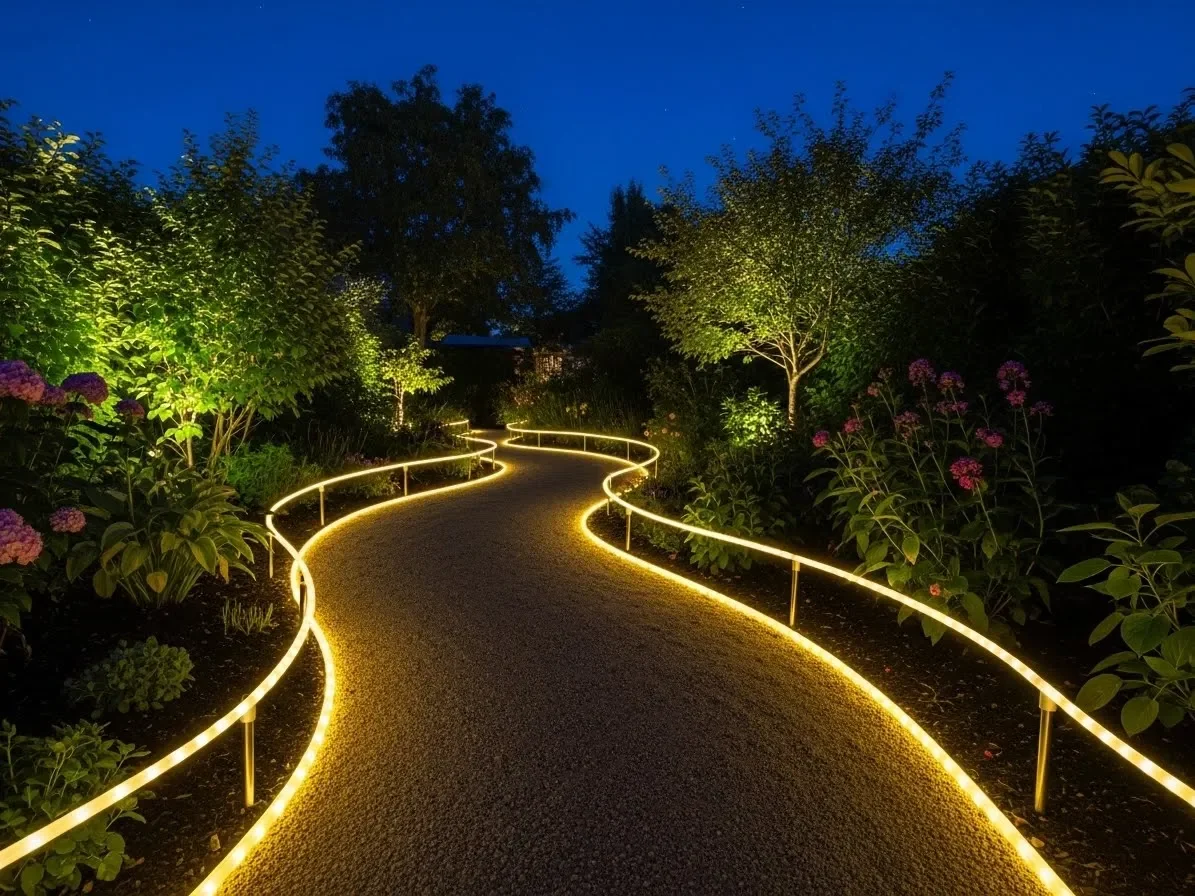 Rope lights outlining a garden path for soft outdoor illumination.
