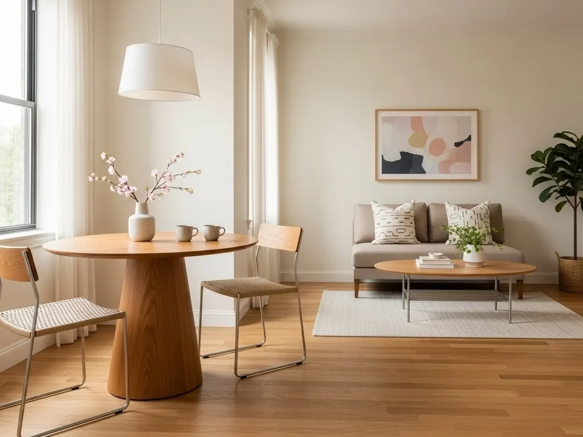 Round pedestal dining table with chairs in a compact living-dining combo — smooth and cozy layout.