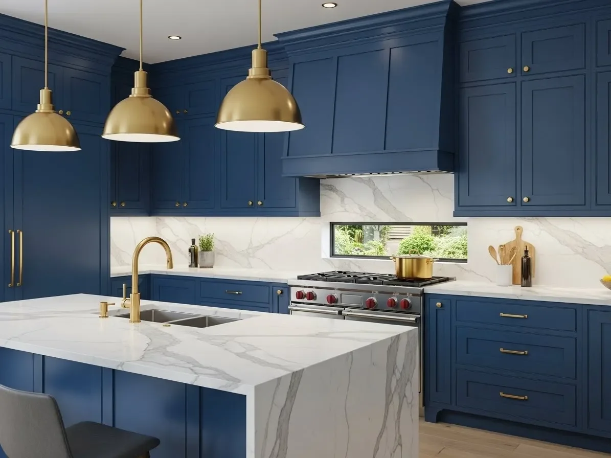  Royal blue kitchen with gold pendant lights over marble countertops