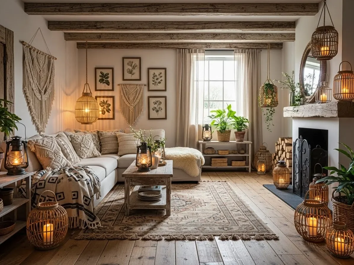“Rustic farmhouse boho living room with distressed wood and cozy textiles.”