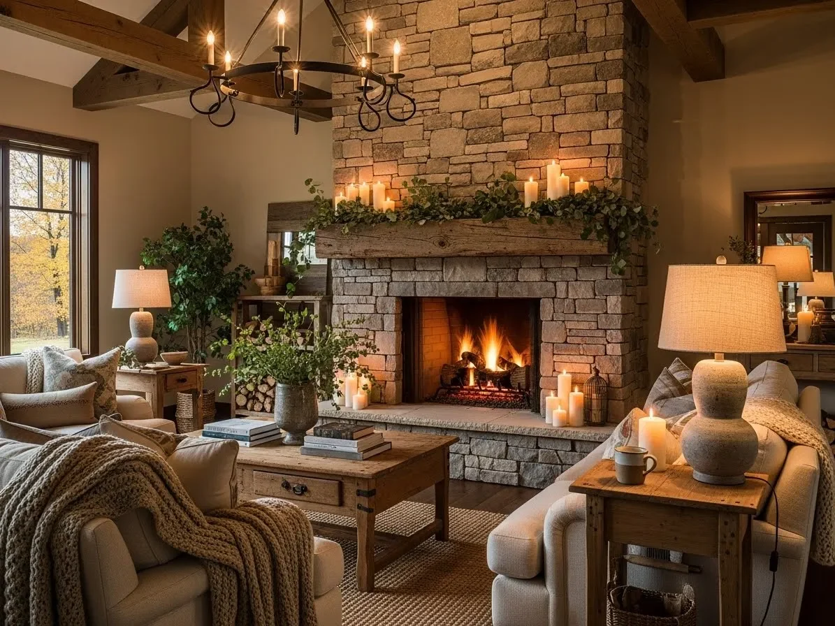 Cozy rustic living room with stacked stone fireplace, wooden beams, warm lighting, styled mantel with greenery and candles.