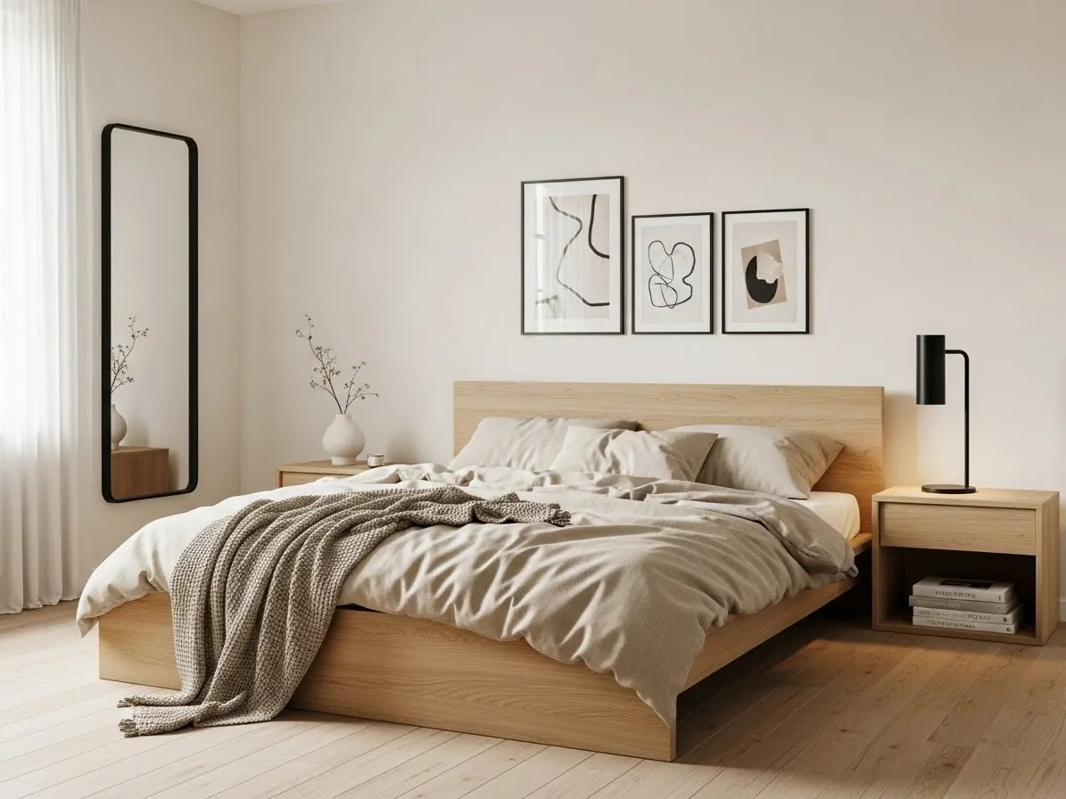 Scandinavian bedroom color palette with warm white, light wood, beige textiles, and black accents.