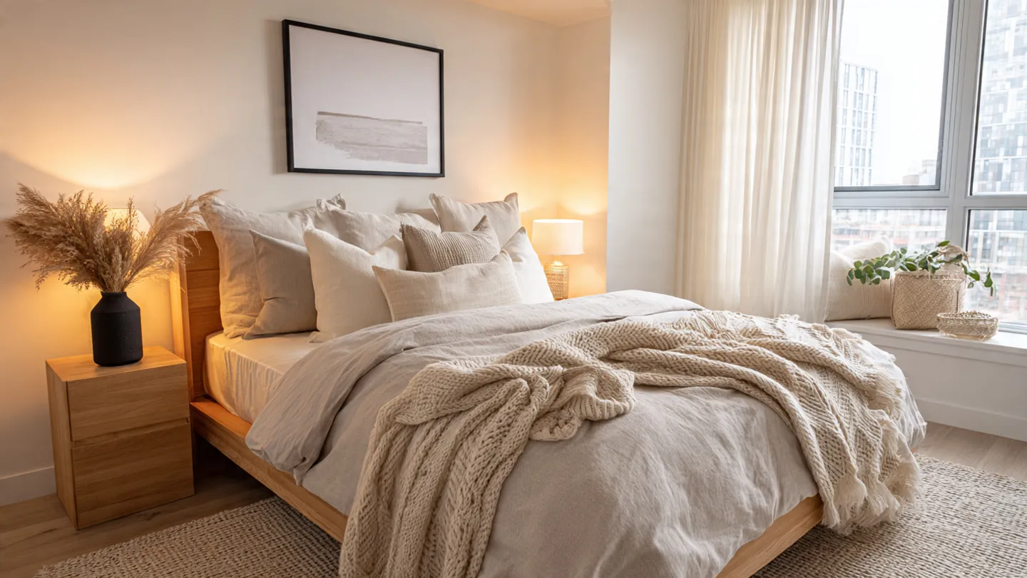 Featured Scandinavian bedroom with warm lighting, neutral bedding, light wood furniture, and cozy minimalist decor.