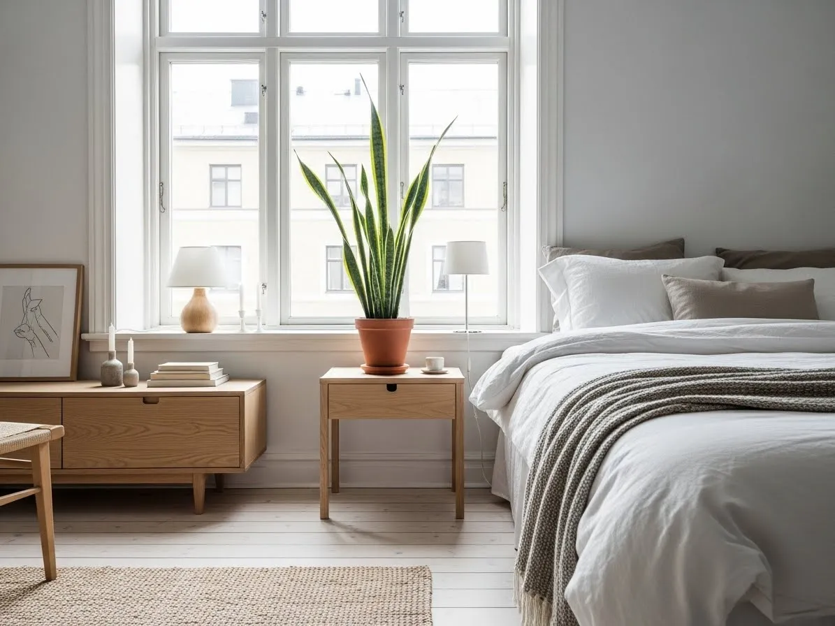 Scandinavian bedroom with indoor plants and neutral minimalist decor.