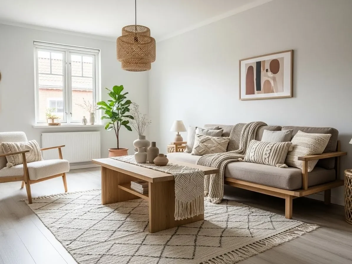 “Scandi-boho living room with neutral minimalist décor and natural textures.”