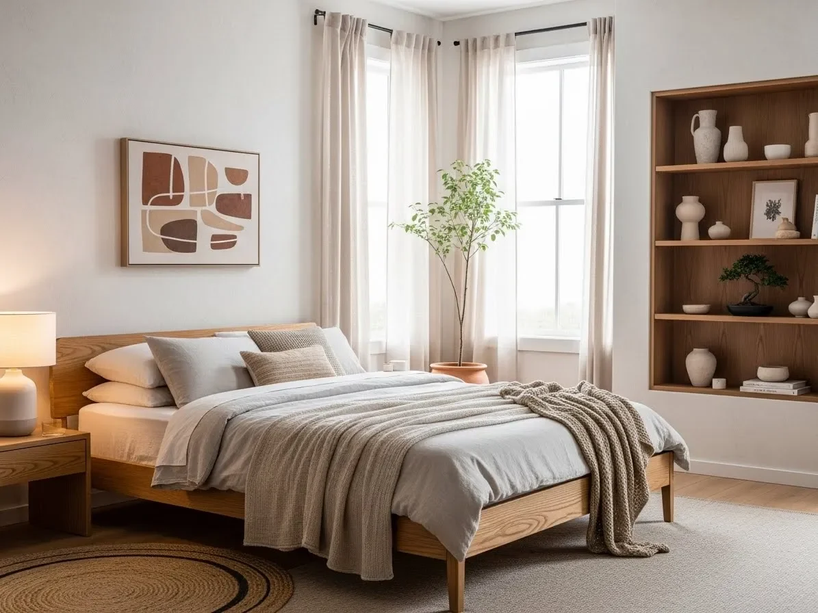 Japandi bedroom combining Scandinavian warmth and Japanese minimalism.